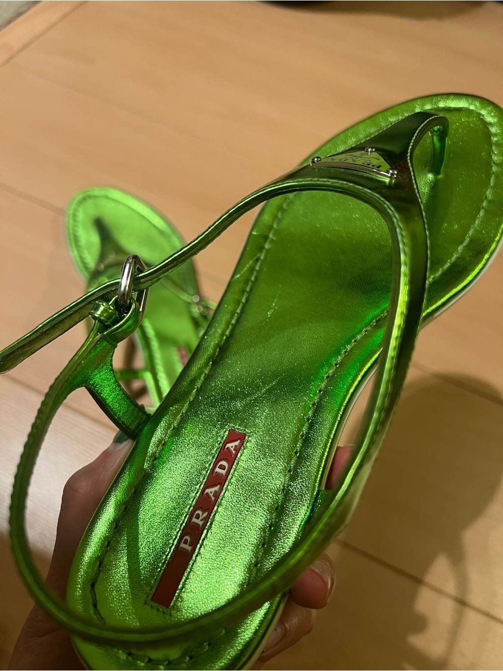 Prada Sport Metallic Lime Green T-Strap Slingback Sandals - Picture 4 of 5